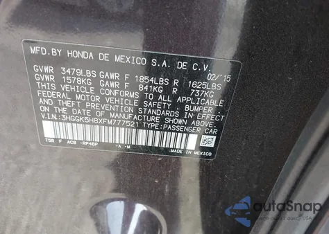 2015 Honda Fit Ex/Ex-L из США, поврежденный, VIN 3HGGK5H8XFM777521